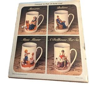 Vintage Norman Rockwell 4 mugs trimmed in 24k gold preowned